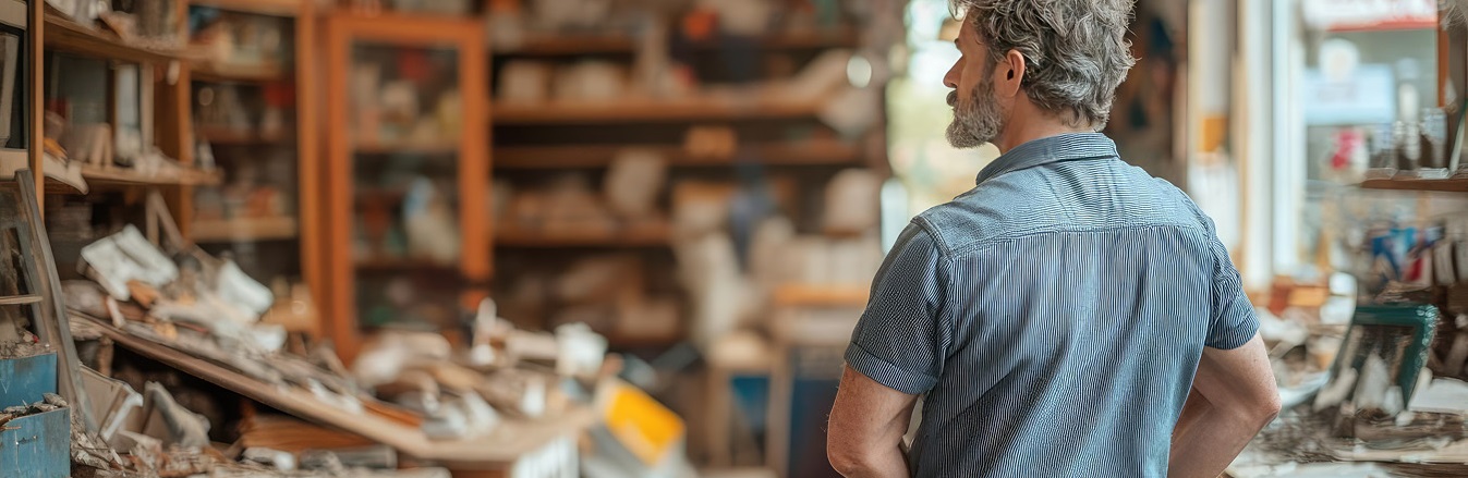 A small business owner reopening their shop after a natural disaster, illustrating the resilience of communities and individuals in rebuilding and starting anew
